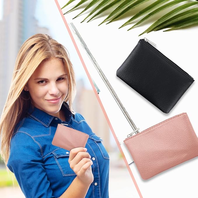 2 Pack Leather Zipper Coin Purse, Portable PU Leather Coin Purse,Mini Coin Pocket Pouch Change Holder, Coin Pouch with Zipper for Men Women Headset Credit Card ID Key Lipstick (Black&Pink)