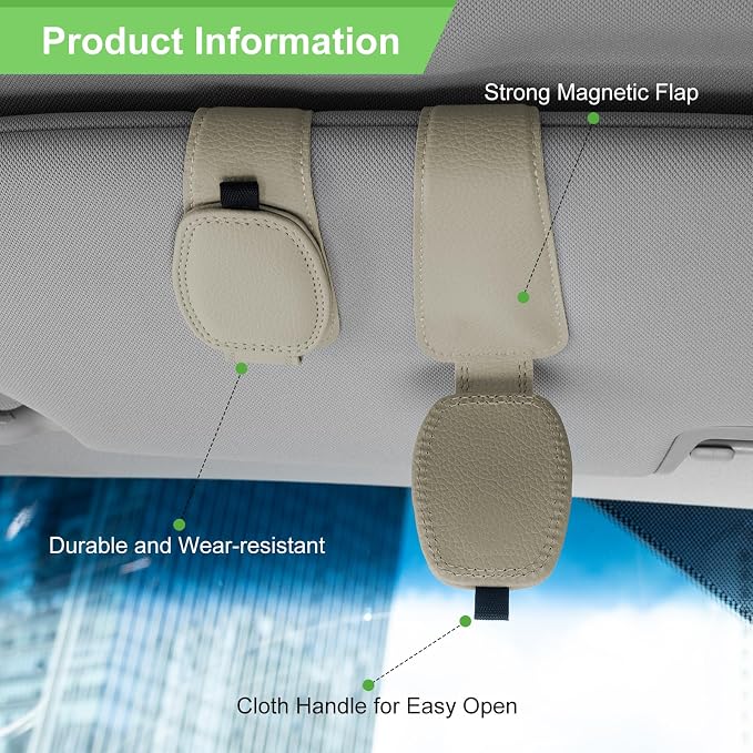 2 Pack Magnetic Leather Sunglasses Holder For Car，Car Visor Accessories And Ticket Card Clip，Fit Different Size Eyeglasses (Beige)