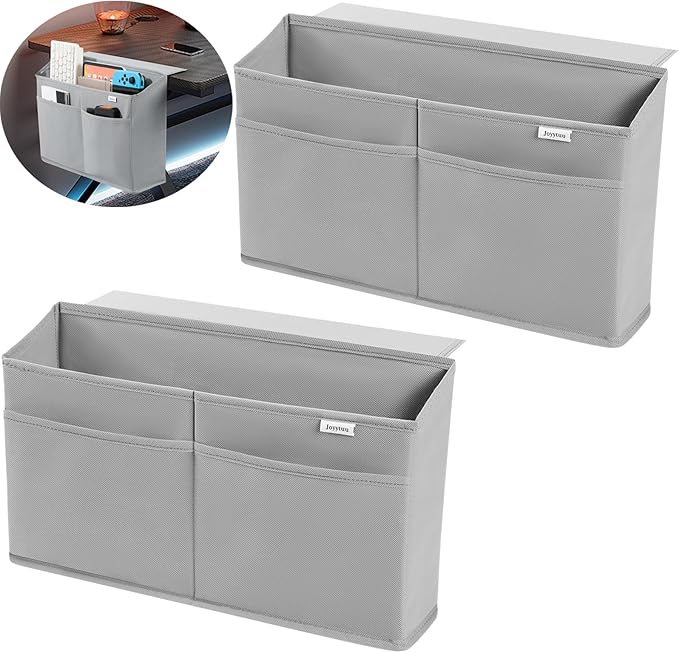 2 Pack Desk Side Hanging Organizer, Adhesive Storage Bag with Pockets for Magazine Ipad Notebook, for End Tables Home Office Desks Computer Workstations Dressing Table, Grey