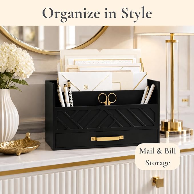BLU MONACO | Wooden Mail Organizer with Drawer and Gold Handle | Mail Sorter Organizer Countertop for Desk | Outgoing Mail Holder and Letter Sorter for Desk Storage