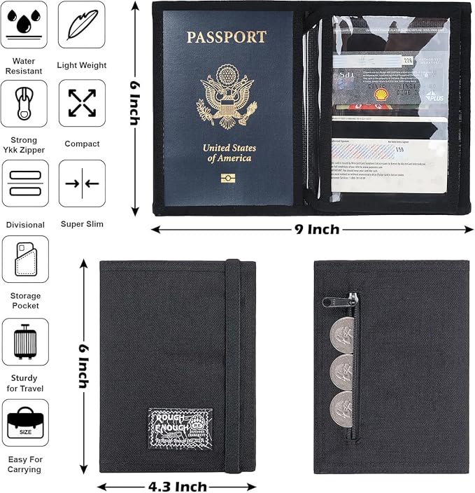 Rough Enough Passport Wallet, Holds 4 Passports, Cordura Black | For international travel, family.Slim design fits passport, Heavy-duty nylon fabric with ItYKK zipper, Compact lightweight