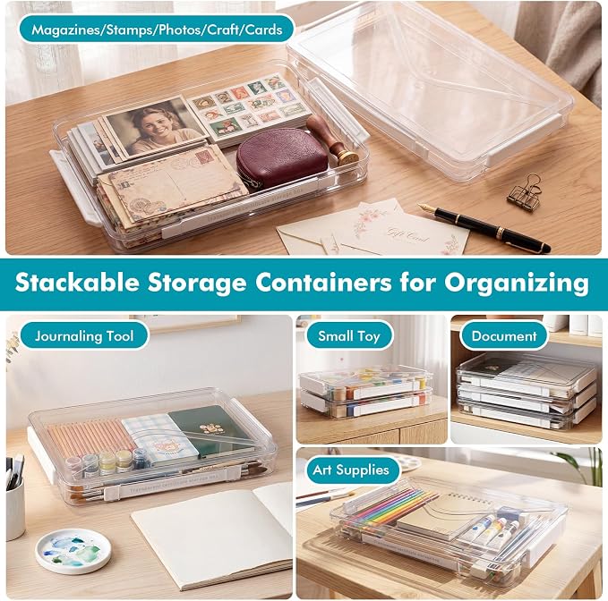 Novabright 3 Pack Clear Plastic File Boxes with Handle Portable Project Case Storage Bin with Lid Transparent Stackable Container Document Magazine Protector for A4 Paper Photo Scrapbook (White)