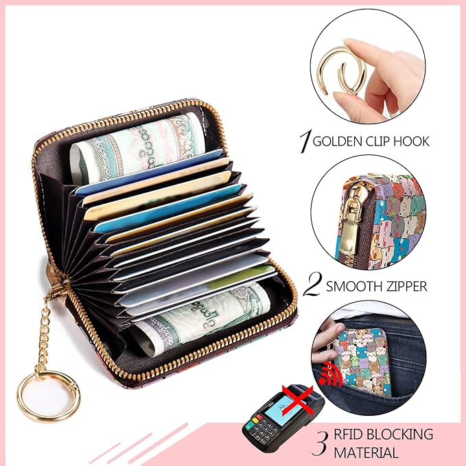 Blusabaca RFID Credit Card Holder Wallets for Women, Small Cat Card Case Wallet with Removable Keychain and Zipper, Leather Card Holder Pocket Business Card Accordion Wallet