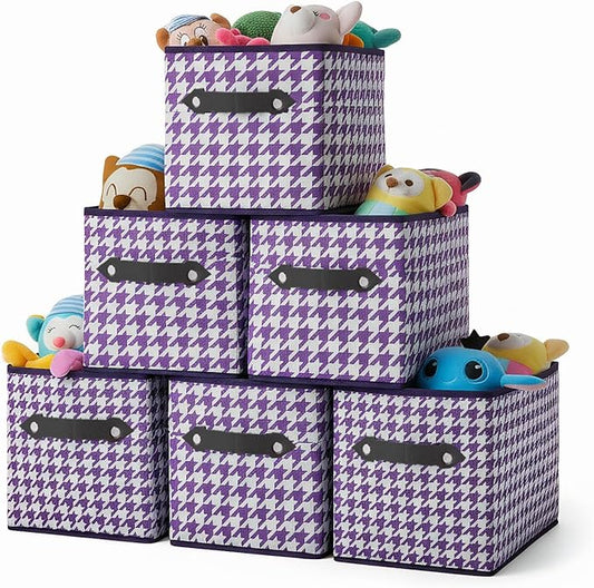 6 Pack Large Collapsible Storage Baskets for Shelves,14.9"x9.5" Fabric Closet storage Boxes with Leather Handles,Decorative Organizers Storage Bins for Clothes,Sheets,Books,(Purple Houndstooth