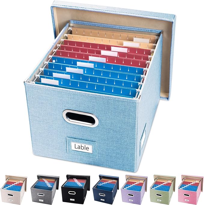 PRANDOM File Organizer Box - Set of 1 Collapsible Decorative Linen Filing Storage Hanging File Folders with Lids Office Cabinet Letter/Legal Blue (17x14x11.2 inch)