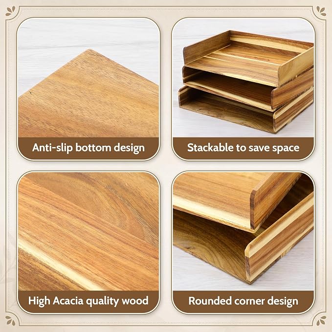 Novabright 6 Pcs Stackable Paper Organizer Tray Acacia Wood Desk Organizer Letter Tray Desktop Letter Size Office Wooden Desk Shelf Paper Holder Folder Organization Rack for File Document (Acacia)