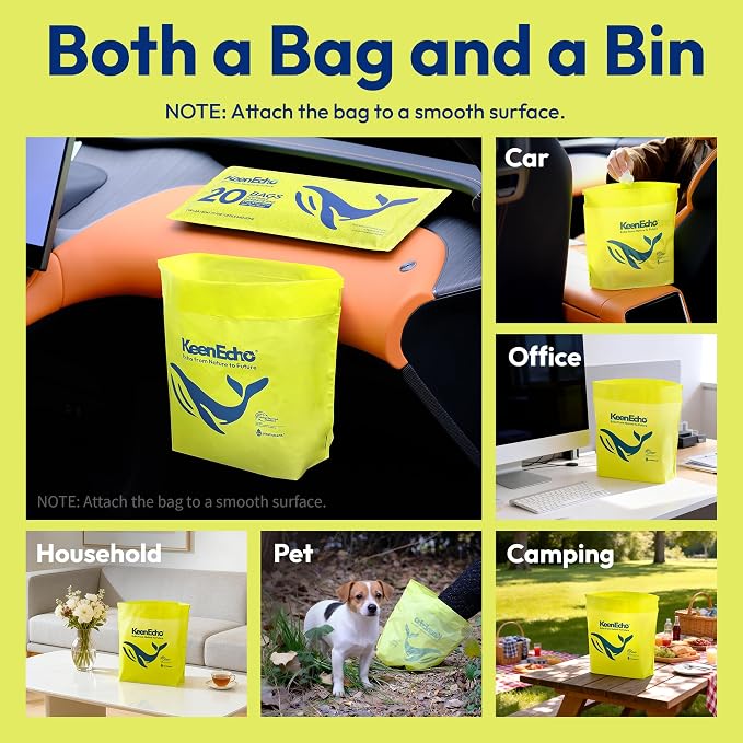 Disposable Car Garbage Bin Bags, 60 pcs, Yellow, Vomit Trash Bags made with Recycled Ocean Fishing Nets for Boat, Plane, Travel, Camping, Bedroom, Study Room, Office and Car