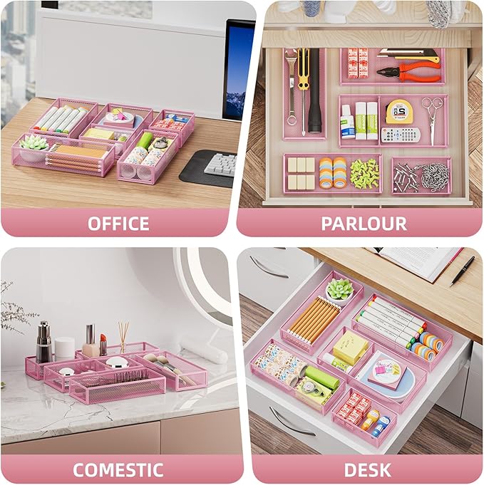 Marbrasse 5 Pack Desk Drawer Organizer Set, Mesh Drawer Storage Trays with 1 Adjustable Divider, Desk Organizers and Accessories, 5 PCS Drawer for Office Supplies, Makeup & Vanity (Pink)