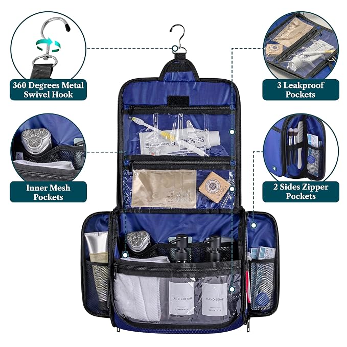 PAVILIA Large Hanging Toiletry Bag for Men, Travel Toiletry Organizer with 10 Compartments, Swivel Hook and 3 Leakproof Pockets, Water Resistant Shaving Kit Case, Packs Flat, Blue