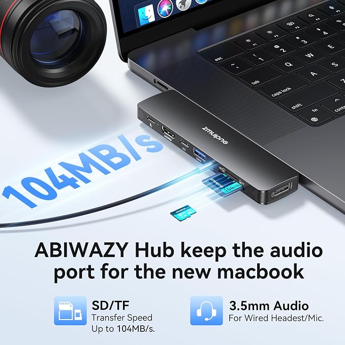 USB C Hub Adapter for MacBook Pro/Air M5 M4 M3 M2 M1 2025-2018 13" 15" 16", 8 in 2 MacBook Accessories Multiport Adapter Dongle with HDMI 4K, Thunderbolt 3, USB C&A Data Ports, SD/TF, Audio