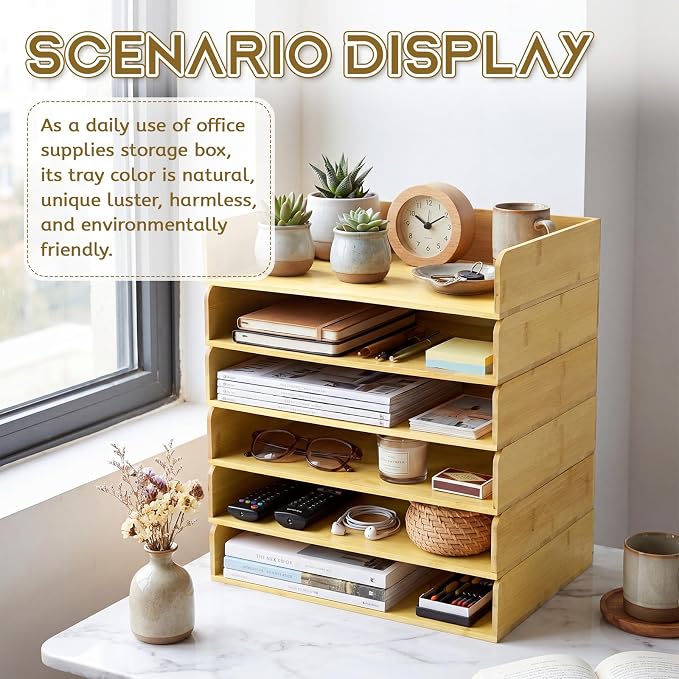 Novabright 6 Pcs Stackable Paper Organizer Tray Acacia Wood Desk Organizer Letter Tray Desktop Letter Size Office Wooden Desk Shelf Paper Holder Folder Organization Rack for File Document(Bamboo)