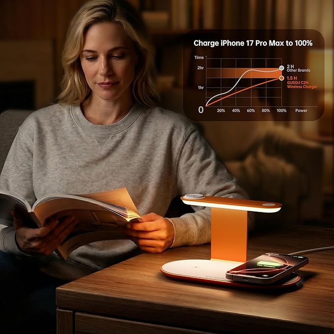 GUSGU 3 in 1 Charging Station for MagSafe Wireless Charger with Three-Level Night Light, 15W Max Fast Charging for iPhone Series/Samsung Galaxy Series, Apple/Samsung Watch Series, AirPods-Orange