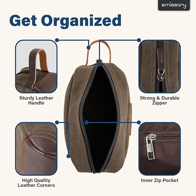 emissary Men's Toiletry Bag, Leather and Canvas Travel Toiletry Bag, Dopp Kit for Men, Travel Bathroom Bag Men's Shaving Kit, Travel Kit Small Bags for Men, Shaving Bag for Travel Accessories (Coffee) | Durable canvas & PU leather, water-resistant lini...