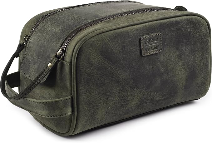 LEATHER VILLAGE Genuine Leather Toiletry Travel Pouch With Waterproof Lining - Olive | King-Size Handcrafted Vintage Dopp Kit Bag, Shaving & Bathroom Organizer, Gift for Men & Women