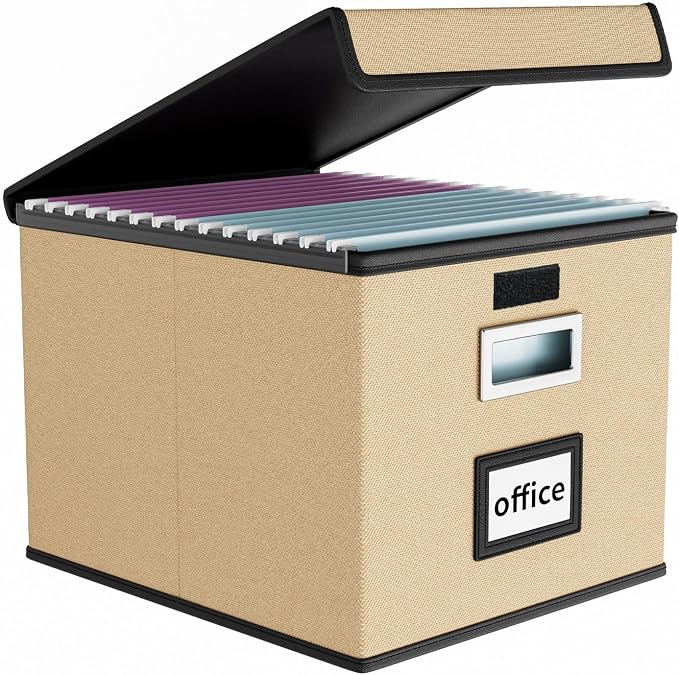 File Organizer Box with Lid, Collapsible File Folder Organizer for Office Document Storage, Filing Box with Plastic Slide for Letter Size Hanging File Folders(1 Pack, Brown)