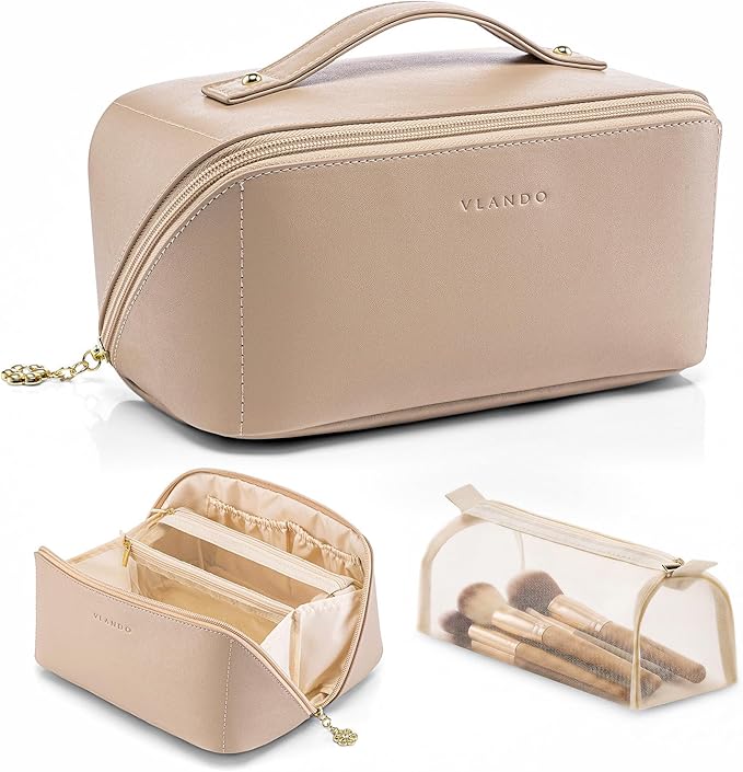 VLANDO Makeup Bag,Travel Toiletry Bag,Cosmetic Bag for Women PU Leather Portable Make up Bag for Skincare, Brushes & Travel Essentials-Toffee