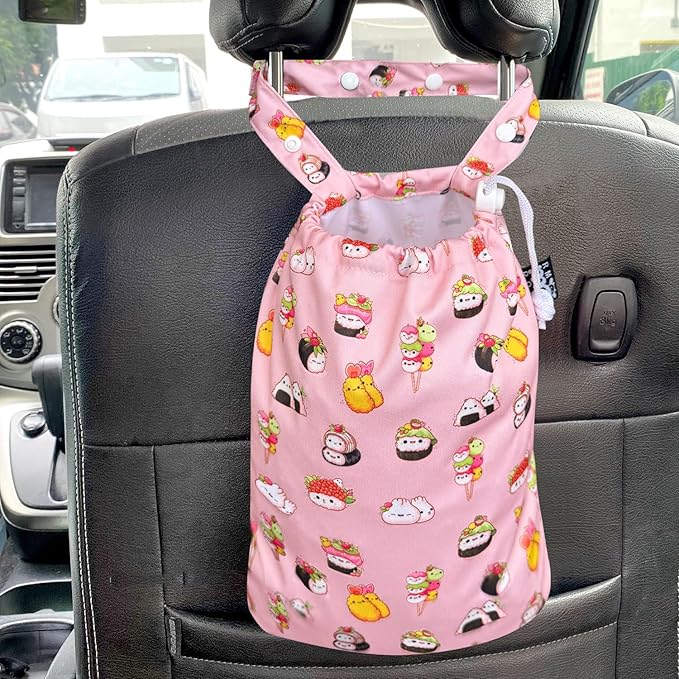 Waterproof Car Trash Bag Reusable Portable Garbage Can with Drawstring Top Adjustable Hanging Strap Leakproof & Washable for Cars SUVs & Trucks (Happy Sushi)