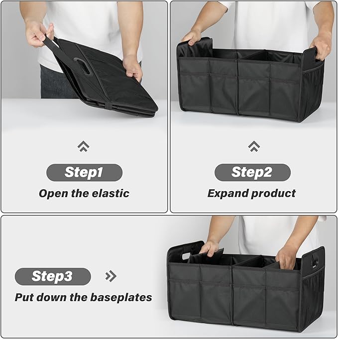 HealSmart Car Trunk Organizer, Foldable 2 Compartment Automotive Storage Accessories with 50L Capacity, 600D Waterproof Oxford Polyester, Non Slip Bottom, Black, 2 Pack