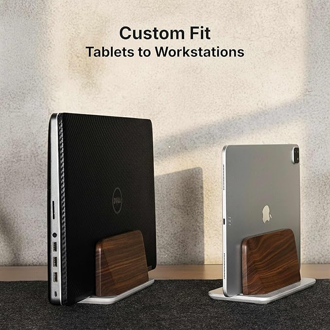 Vertical Laptop Stand, Solid Black Walnut Body & Silver-Finished Ash Wood Base, Wood Laptop Holder Vertical for Desk - Adjustable Dock (0.47"-1.57" Width) Fits Most Laptops, MacBooks
