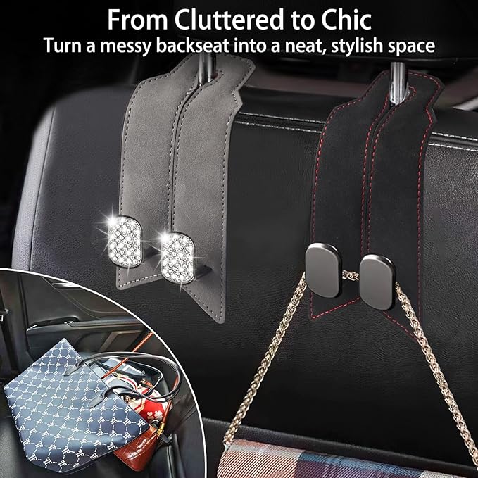 2Pcs Bling Car Headrest Hooks, Premium Leather & Sparkling Rhinestone Dual Metal Hooks, Back Seat Organizer for Bags, Coats, Purses and Groceries (Crystal Gray)