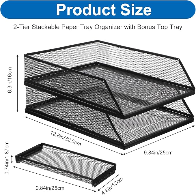 2-Tier Stackable Paper Tray Organizer with Top Tray, Metal Mesh Desktop File Holder & Document Sorter for Office, Home, Learning Places (Black)