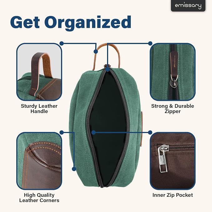 emissary Men's Toiletry Bag, Leather and Canvas Travel Toiletry Bag, Dopp Kit for Men, Travel Bathroom Bag Men's Shaving Kit, Travel Kit Small Bags for Men, Shaving Bag for Travel Accessories (Green) | Durable canvas & PU leather, water-resistant linin...