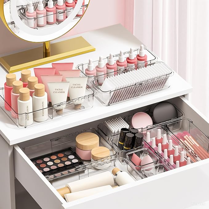DILIBRA 16 Pcs Clear Extendable Drawer Organizer, Adjustable Drawer Storage 3-Size Desk Drawer Organizer, Plastic Non-Slip Storage Bins for Makeup, Cosmetic, Jewelries, Utensils, Stationery, Dressers