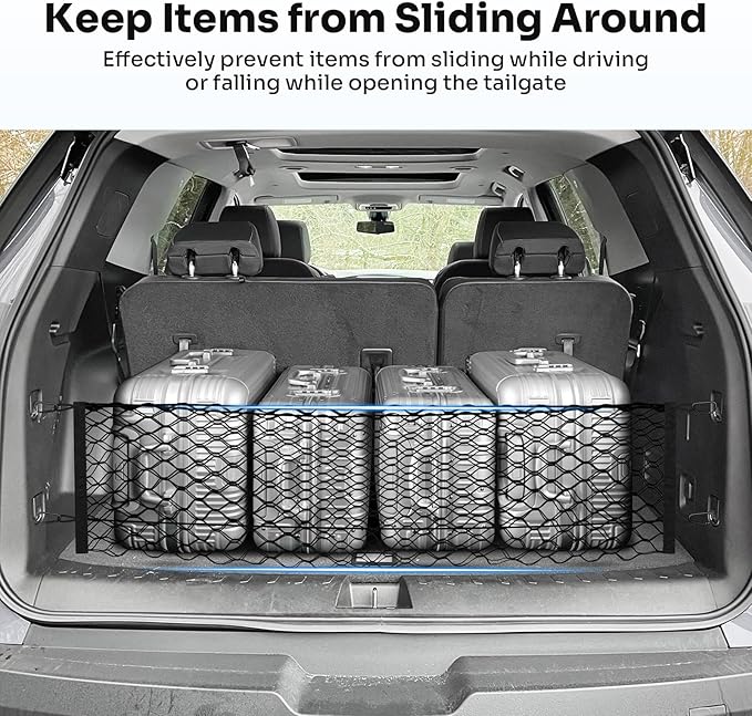 Canvcle Trunk Cargo Net for 2018-2025 2026 Chevrolet/Chevy Traverse Accessories Envelope Style Mesh Trunk Net Organizer and Storage Stretchable Adjustable Elastic Nylon Rear Cargo Netting with Hooks