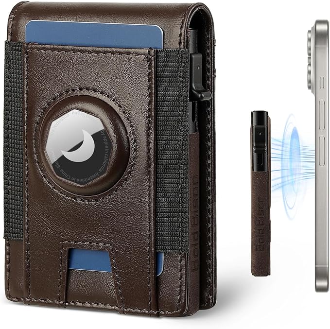 Magnetic Wallet with Card Holder for Iphone12~16, Slim & Minimalist Airtag Wallet with RFID Blocking Card Holder, Genuine Leather, Stretch Front Pocket (Coffee Brown)