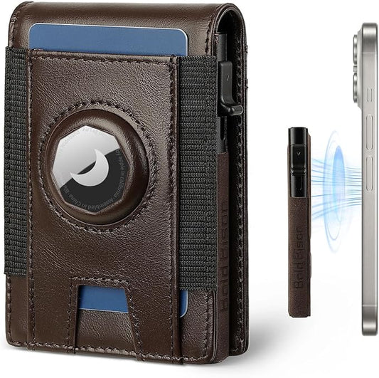 Magnetic Wallet with Card Holder for Iphone12~16, Slim & Minimalist Airtag Wallet with RFID Blocking Card Holder, Genuine Leather, Stretch Front Pocket (Coffee Brown)