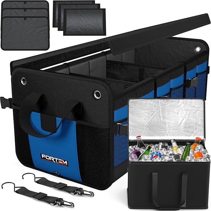 FORTEM Trunk Organizer with Cooler For SUV Car Organizer and Storage, Collapsible Multi-Compartment, Perfect Christmas Gifts For Men, Women, 1680D Oxford, Non Slip Bottom, Straps, Soft Cover 110L