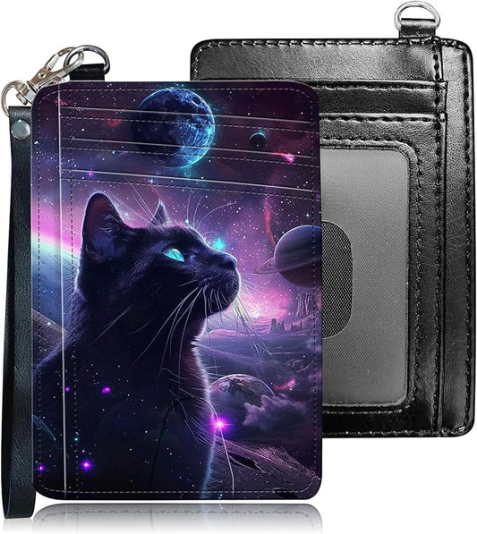 Slim RFID Blocking Card Holder Wallet with Wrist Strap - Minimalist Front Pocket Wallet, Galaxy Cat Design, PU Leathe, for Men & Women, Ideal for Travel & Gifts