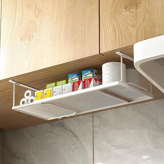 1 Pack Expandable Under Cabinet Shelf, Under Shelf Basket with 0.94 Inches Thick Clips for Kitchen Cupboard, Metal Hanging Under Desk Basket for Laundry Room, Cabinet, Shoe Rack
