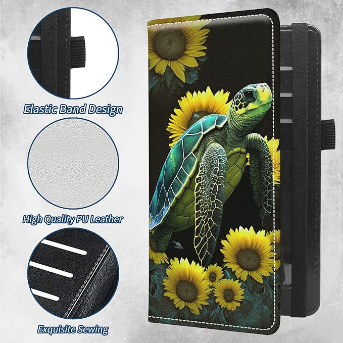 Checkbook Covers for Personal Checkbook Duplicate Checks RFID Blocking Checkbook Cover for Women Men with Elastic Strap Card Slots Pen Holder - Sunflowers Turtle