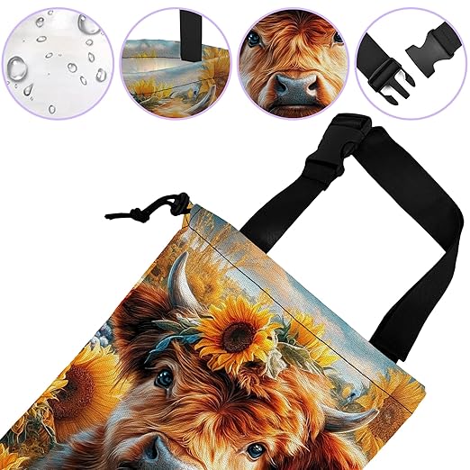 Car Trash Bag Hanging Highland Cow and Sunflowers Car Trash Can for Back Seat Waterproof Car Garbage Can with Adjustable Straps and Drawstring for Car Accessories Vehicle Travelling Camping
