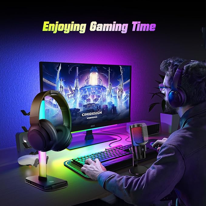 VCOM RGB Gaming Headphones Stand with 10 Light Modes, 4 Controller Holder with 1 USB & 2 Type-C Charging Ports,Headset Stand Suitable for All Earphone Accessories, Best Gift for Desk Gamers