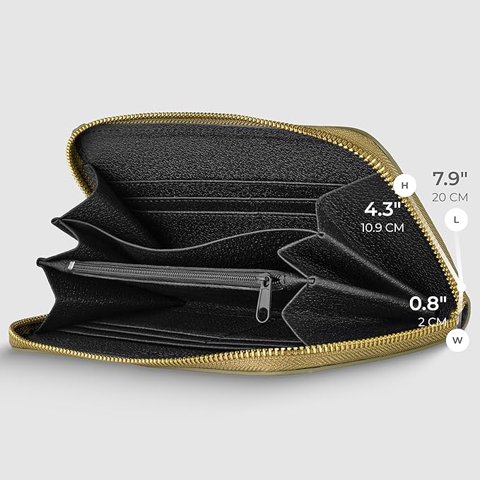 Italian Genuine Metallic Leather Wallet for Women with 3 Compartments & Zip Close | Small Rectangular Card Holder (Bronze)