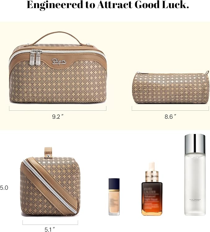 BOYATU Travel Makeup Bag for Women: Four Leaf Clover Large Capacity 3 Pcs Set Cosmetic Bags - Waterproof 50% Extra Space for Toiletry Organizer - Travel Essentials for Fortunate (05 Brown)
