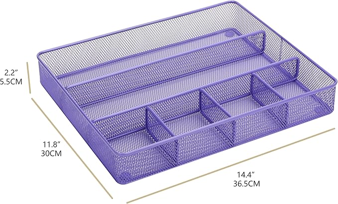Annova Desk Top Organizer Tray for Office Organization - Metal Mesh - Storage Tray with Dividers for Pens, Desktop Accessories, Bathroom, Kitchen, Makeup and Office Supplies (Large, Purple)