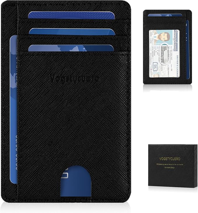 Slim Minimalist Front Pocket Thin Wallet RFID Blocking 100% Genuine Leather Credit Card Holder for men Women, with Gift Box-Cross Black