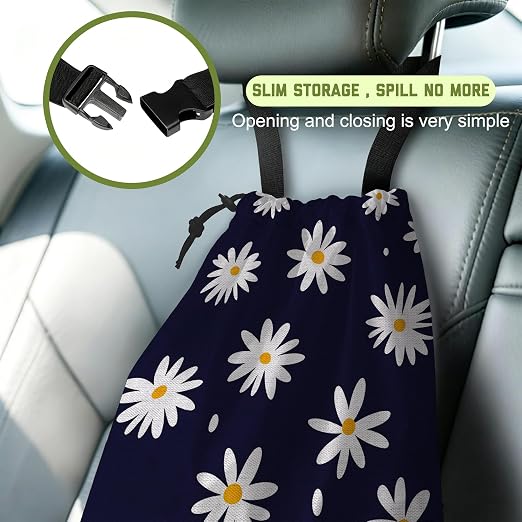 Car Garbage Bag Navy Blue Daisy Floral Hanging Canvas Car Trash Bag Waterproof Drawstring Car Back Seat Organizer for Car Back Front Seat Console with Adjustable Buckle