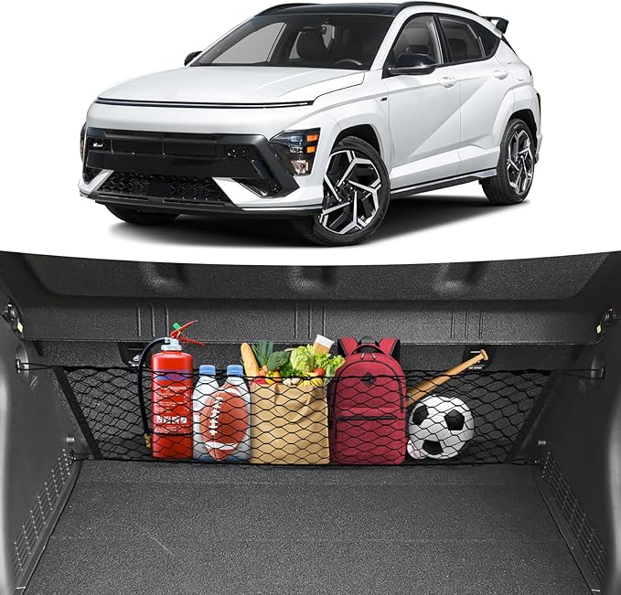 Canvcle Trunk Cargo Net for 2024-2026 Hyundai Kona Accessories Envelope Style Mesh Trunk Net Organizer and Storage Stretchable Adjustable Elastic Nylon Rear Cargo Netting with Hooks