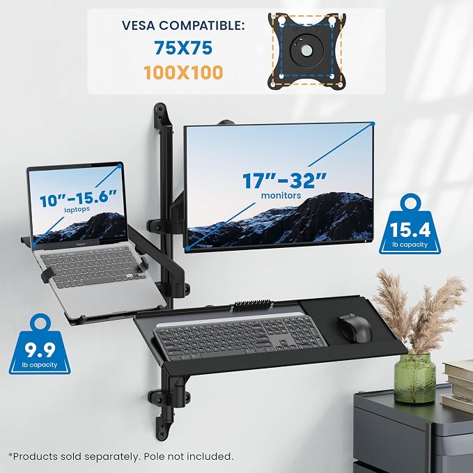 Mount-It! Ergonomic Laptop Arm for Wall or Pole Mounting, Full Motion Adjustments, Versatile Design, Easy Installation