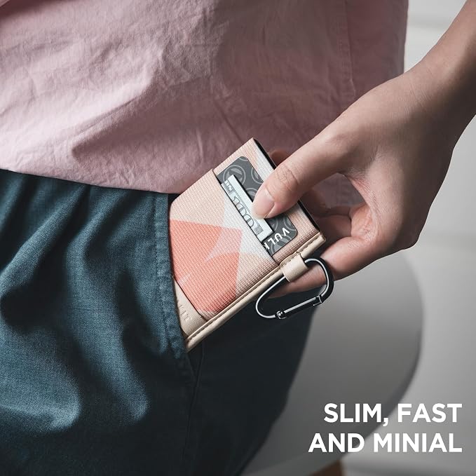 VULKIT Slim Wallet for Men and Women, Pop up Credit Card holder Metal Case RFID Blocking with Keychain and Elastic Pocket (Rhombic Pink)
