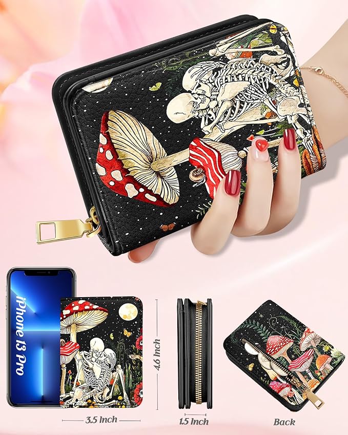 Bistup Credit Card Holder Wallet for Women Cute Leather Ladies Teen Girls Female Cardholder Wallets Accordion Purse Small Medium Aesthetic Print Mushroom Skull Unique Modern Y2k Rfid Zipper Around