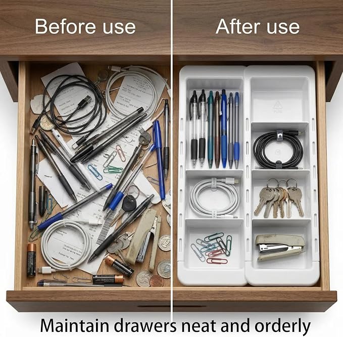 5 Pcs Expandable Drawer Organizer Bins, 11.4 to 18 Inches Plastic Dividers Storage, White Expandable Tray, Adjustable Deep Drawer Hanging Organizer for Kitchen Bathroom Bedroom Office Desk