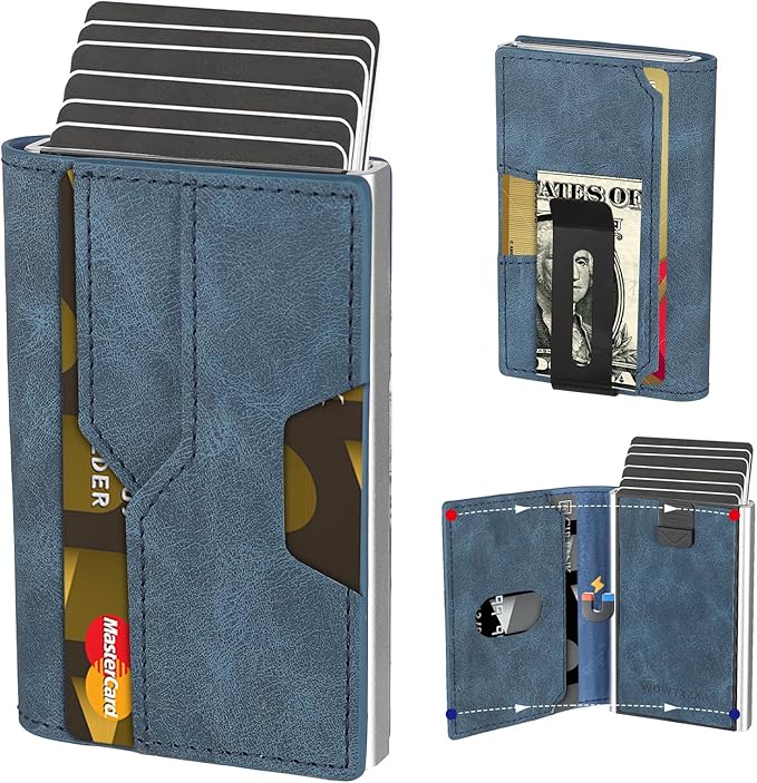 Mens slim Wallet，with RFID Shielding, Holds 9 Cards Easily, card wallet for Men, Minimalist Wallet For Men, Made of aluminum and Pu Synthetic Leather, Includes Cash clip (Blue)