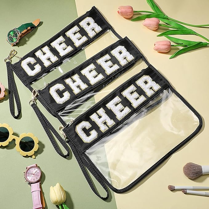 Abbylike 12 Pcs Snack Bags Clear Chenille Letter Cheer Zipper Pouch Waterproof PVC Large Travel Makeup Cosmetic Storage Organizer Bag for Mom Team Cheerleaders Teacher (Black)