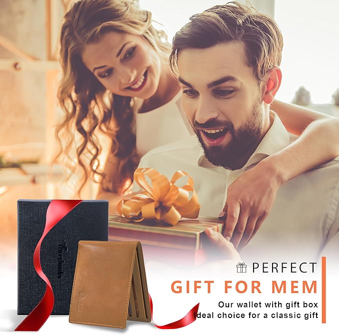 Travelambo Genuine Leather Wallet for Men with Gift Box - Handmade Bifold Stylish - Mens Wallets Rfid Blocking with 2 ID Windows