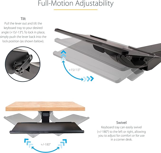 StarTech.com Under Desk Keyboard Tray - Full Motion & Height Adjustable Keyboard and Mouse Tray, 10"x26" Platform - Ergonomic Desk Mount Computer Keyboard Tray with Mouse Pad & Wrist Rest (KBTRAYADJ2)